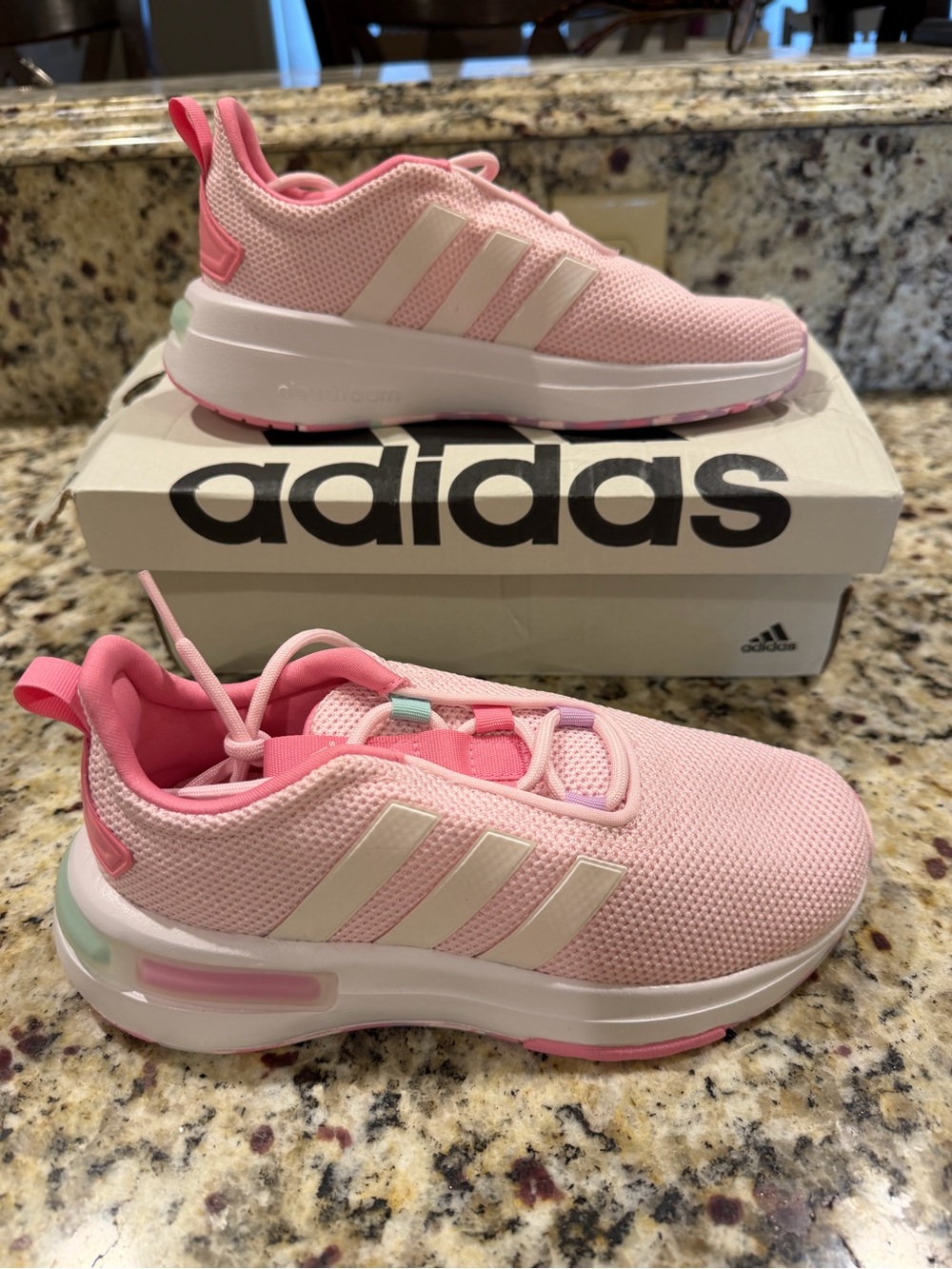 adidas Kids Light Pink Mesh Athletic Sneakers with White Stripes